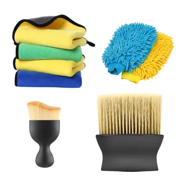 Full display of 5-piece car cleaning kit with towels, brushes, and glove