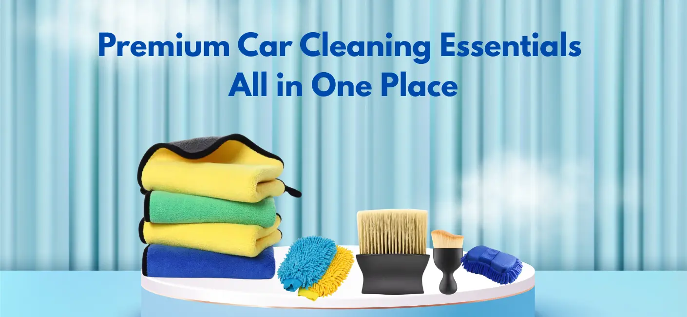Car cleaning kit with microfiber towels, dust brushes, chenille mitt, and sponge.