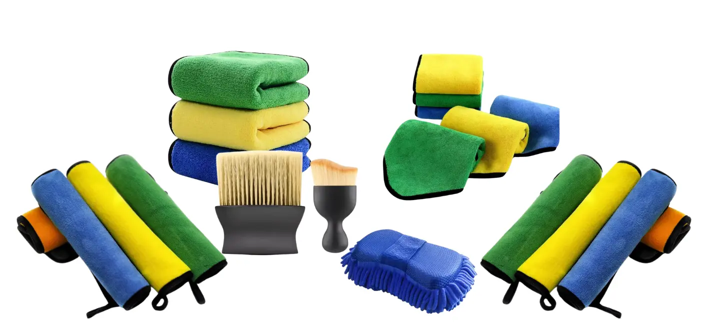 Microfiber towel, microfiber sponge, compact dusting brush, and dashboard dusting brush combo displayed for car cleaning on SHOPeTURN.