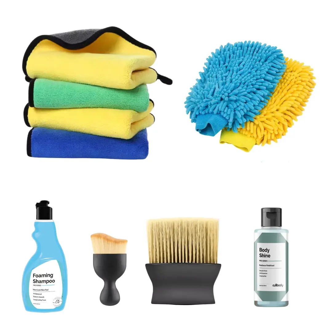 7 PCS Car Cleaning Kit SHOPeTURN Car Cleaning Kit 7 PCS – Includes 2 Microfiber Towels, Microfiber Glove, 250ml Foaming Shampoo, Mini Soft Brush, Dashboard Brush & 100ml Body Shine Polish