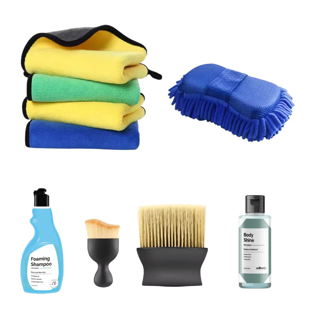 Premium Car Cleaning Kit 7 PCS Set SHOPeTURN Car Cleaning Kit 7 PCS – Includes 2 Microfiber Towels, Sponge, Brushes, 250ml Foaming Shampoo & 100ml Body Shine Polish for Car Wash & Shine