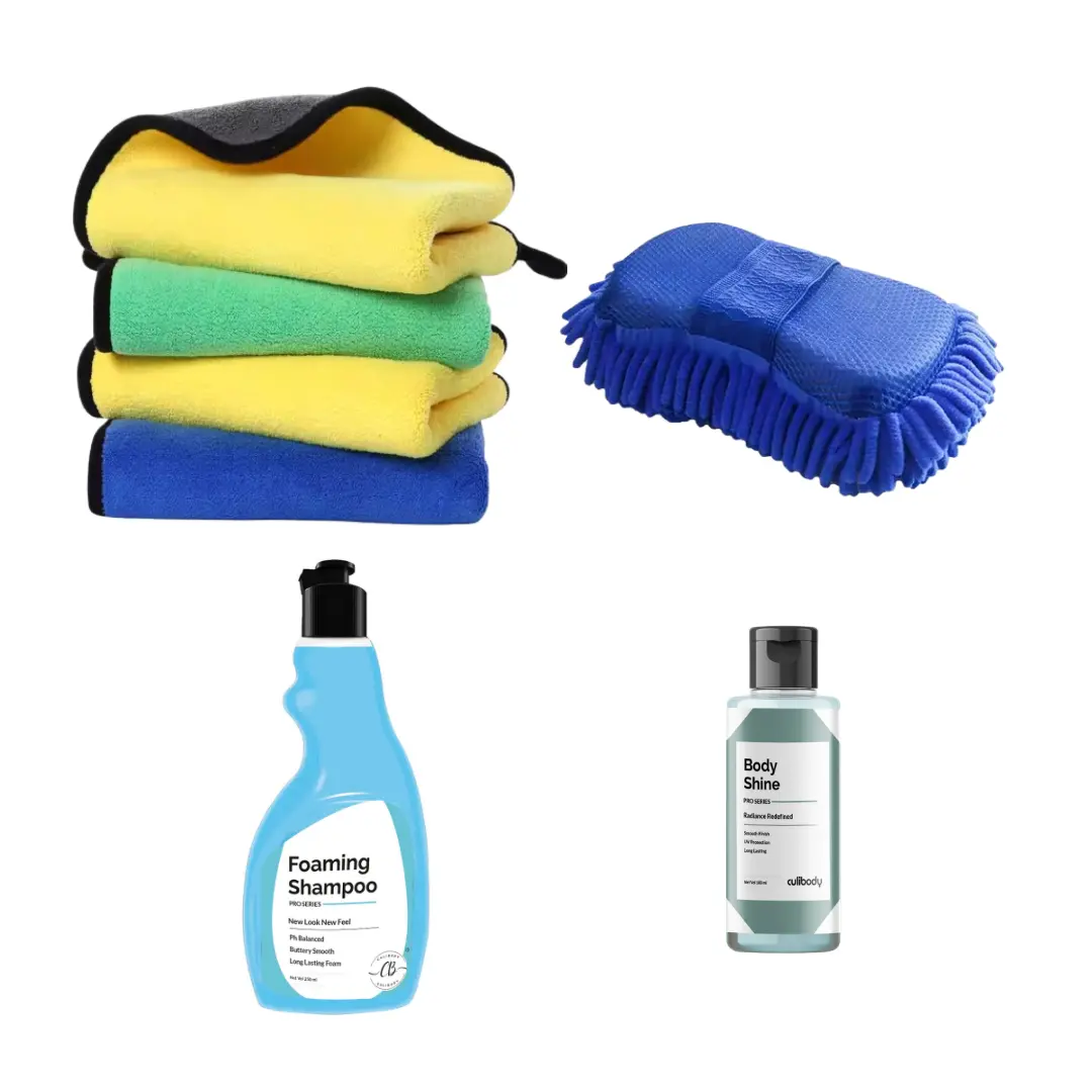 Premium Car Cleaning Kit SHOPeTURN Premium Car Cleaning Kit β Includes 2 Microfiber Towels, 1 Sponge, 250ml Foaming Car Shampoo, and 1 Body Shine Polish for Car Wash and Shine