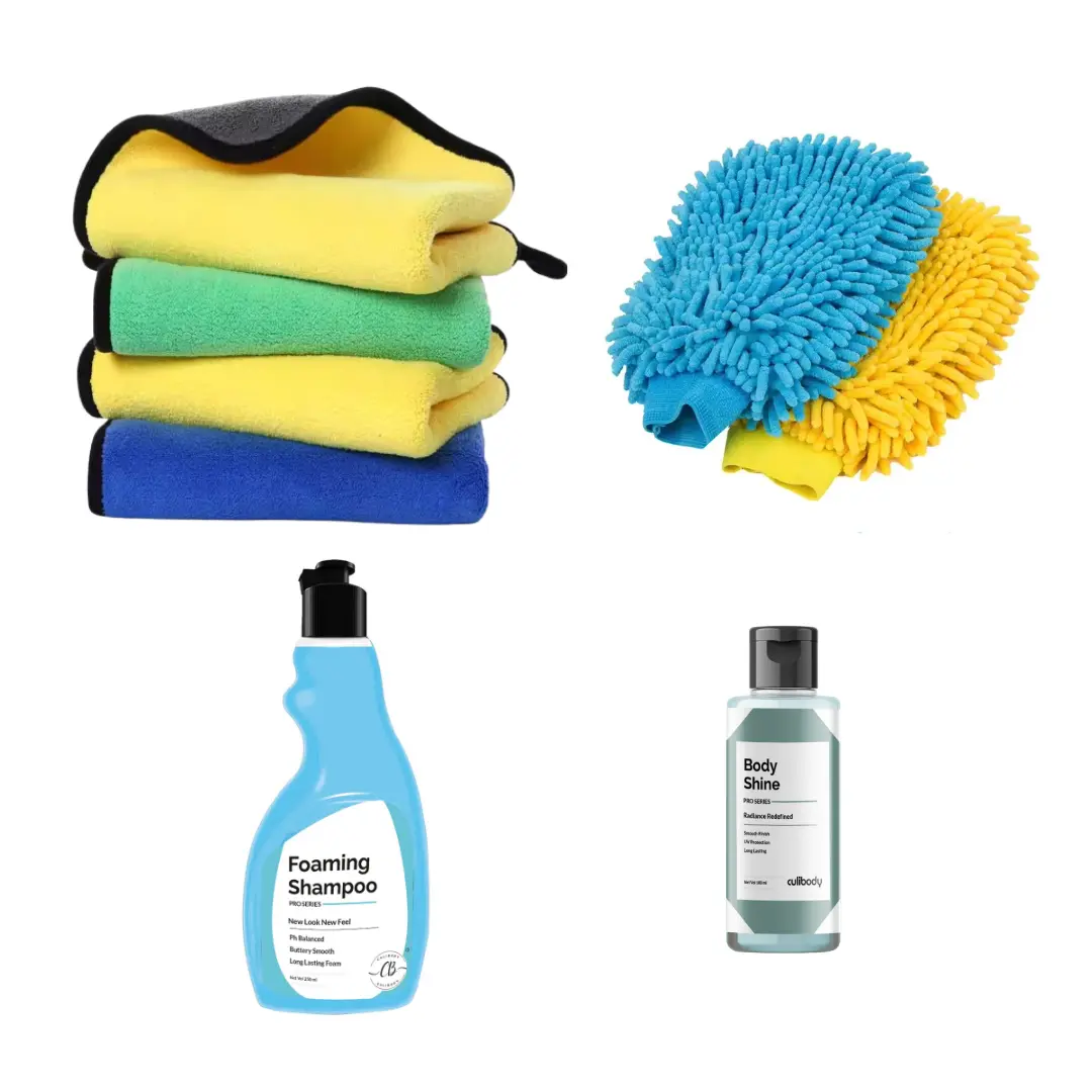 SHOPeTURN Premium Car Cleaning Kit SHOPeTURN Car Cleaning Kit – Includes 2 Microfiber Towels, 1 Microfiber Glove, 250ml Foaming Shampoo & 100ml Body Shine Polish for Car Wash & Shine